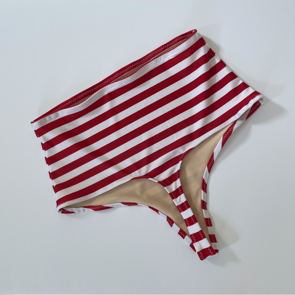 Red and white striped high waist thong